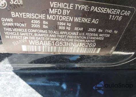 2017 BMW 320I из США, поврежденный, VIN WBA8E1G53HNU15269